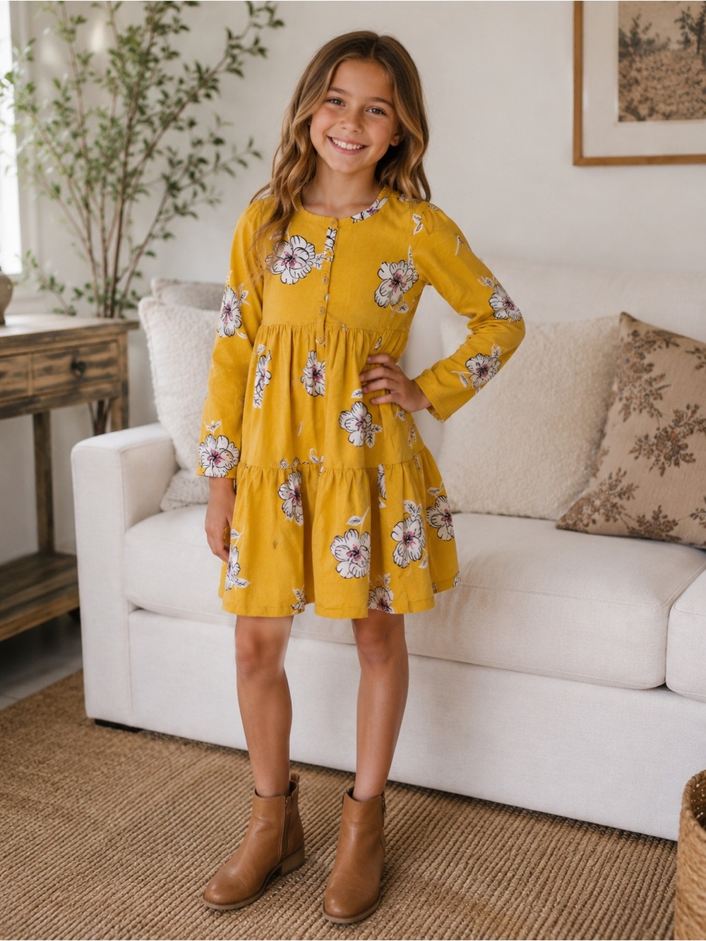 Tea Yellow Floral Tiered Dress with Button Front